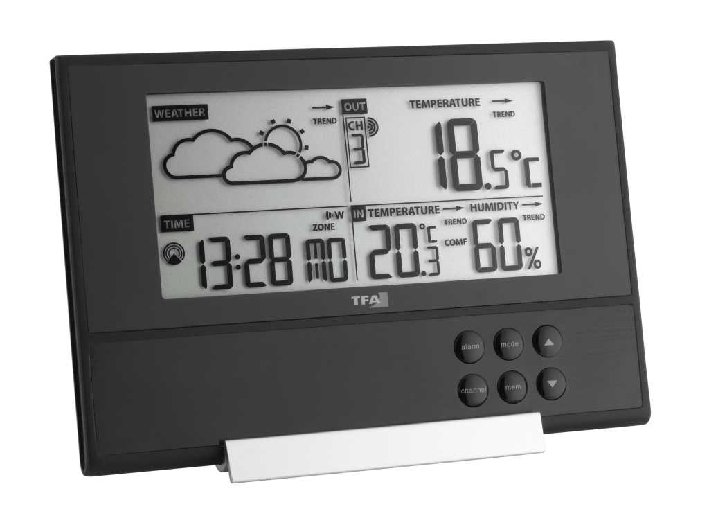Schwarze Tisch-Wetterstation mit Display für Außentemperatur, Innentemperatur, Luftfeuchte, Uhrzeit und Wettersymbol
