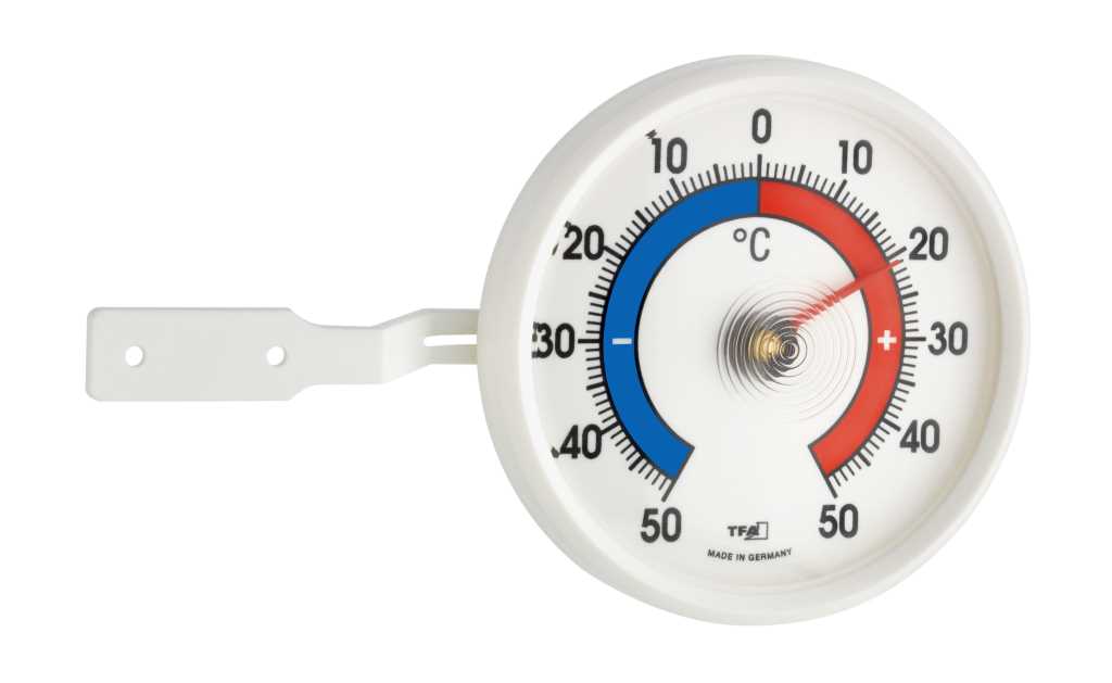 Rundes Thermometer mit weißem Rahmen, blau-roter Skala und seitlicher Halterung mit zwei Schraublöchern