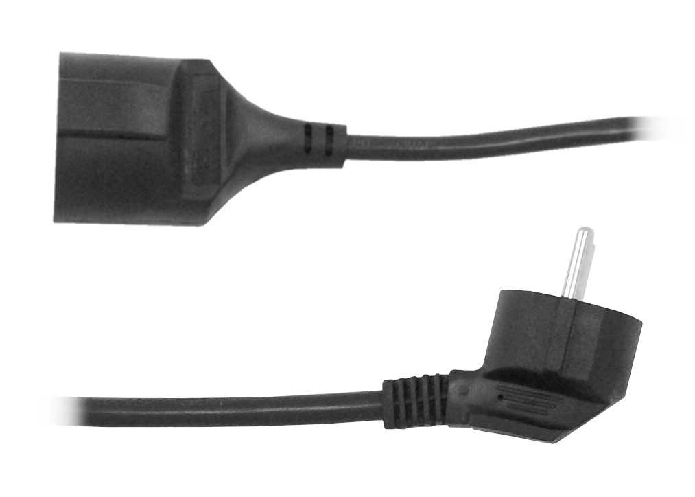 Schwarzes Verlängerungskabel mit Stecker und Kupplung, Stecker abgewinkelt, auf weißem Hintergrund abgebildet