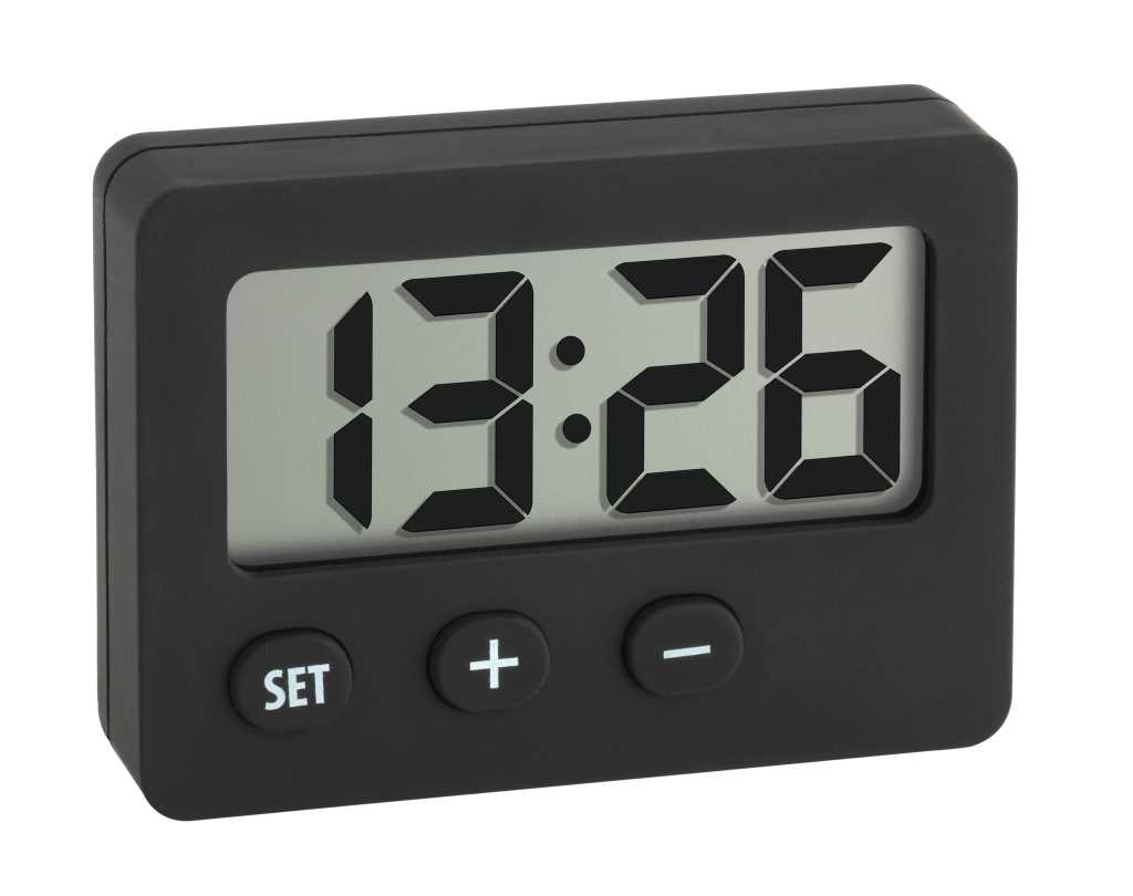 Schwarze Digitaluhr mit grauem Display und drei runden Tasten darunter, Zeit 13:26 angezeigt