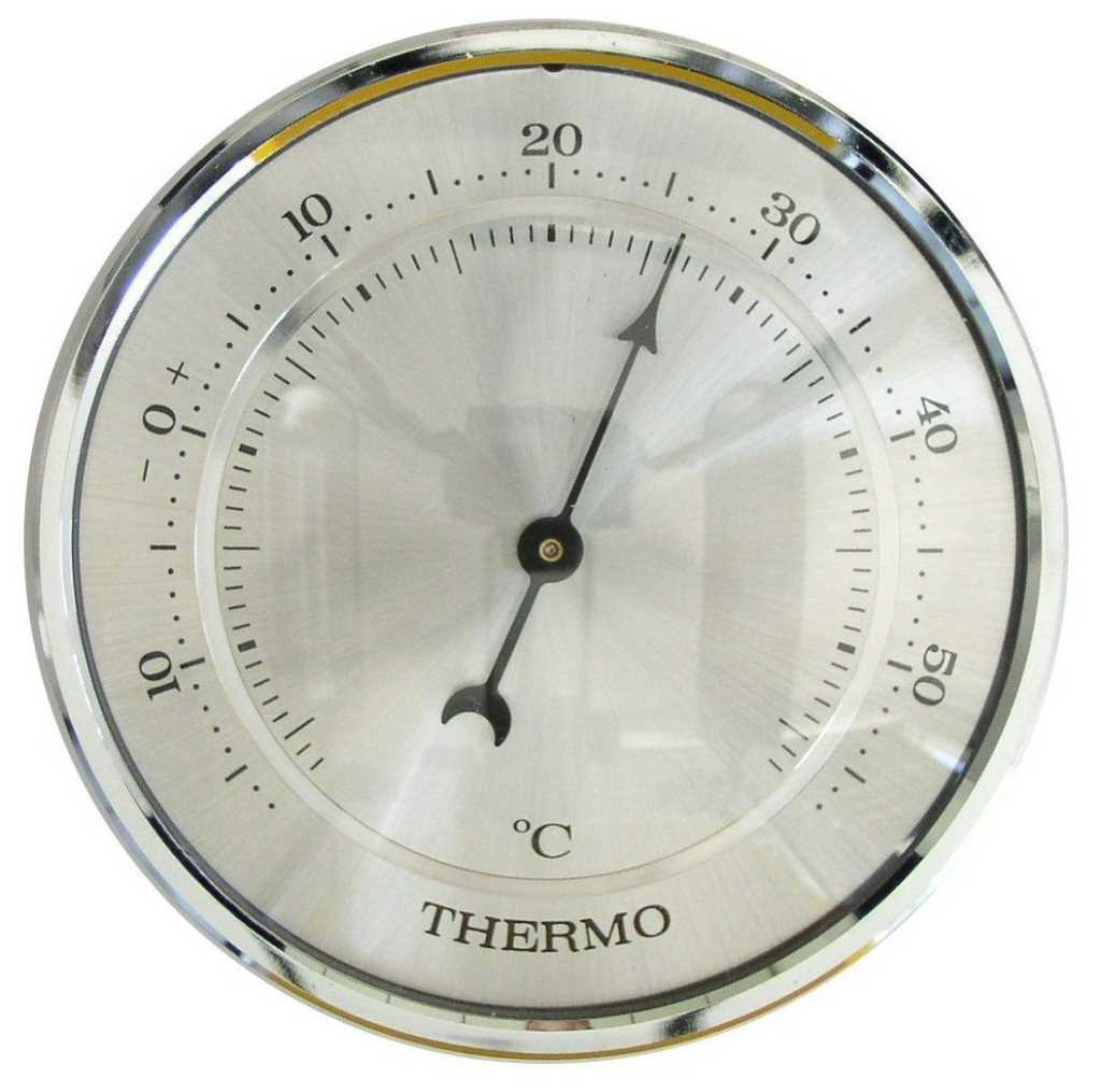 Rundes analoges Thermometer mit Metallrahmen, Celsius-Skala von −10 bis 50 und schwarzem Zeiger nahe 30