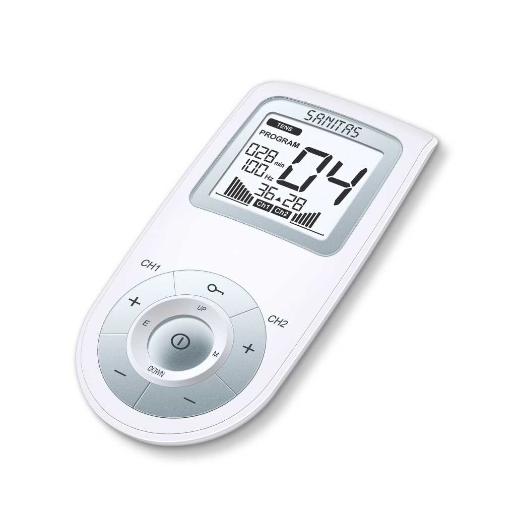 Weißes Handgerät mit Display und rundem Tastenfeld mit Plus- und Minus-Tasten für CH1 und CH2