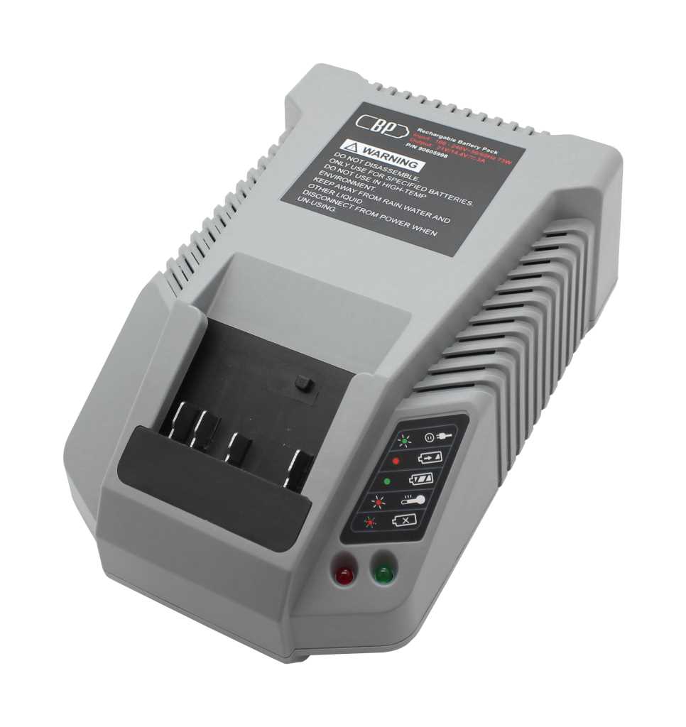 Graues Akkuladegerät mit Einschubschacht, seitlichen Lüftungsschlitzen, Statusanzeige und roten sowie grünen LEDs