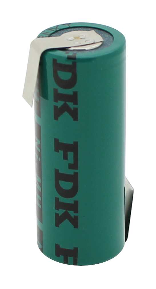 Grüner zylindrischer Akku mit zwei seitlichen Metall-Lötfahnen, eine oben abgewinkelt, eine unten seitlich herausstehend