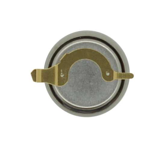 Runde silberne Knopfzelle mit goldfarbenem Metallbügel quer über der Oberseite auf weißem Hintergrund