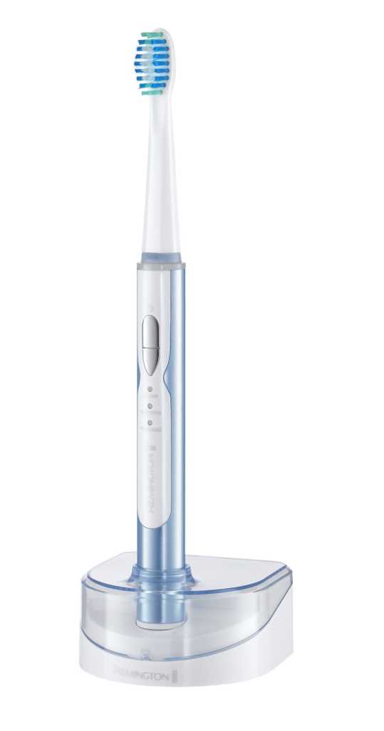 Elektrische Zahnbürste in Weiß und Blau mit blau-grünem Bürstenkopf auf Ladestation in transparenter Halterung