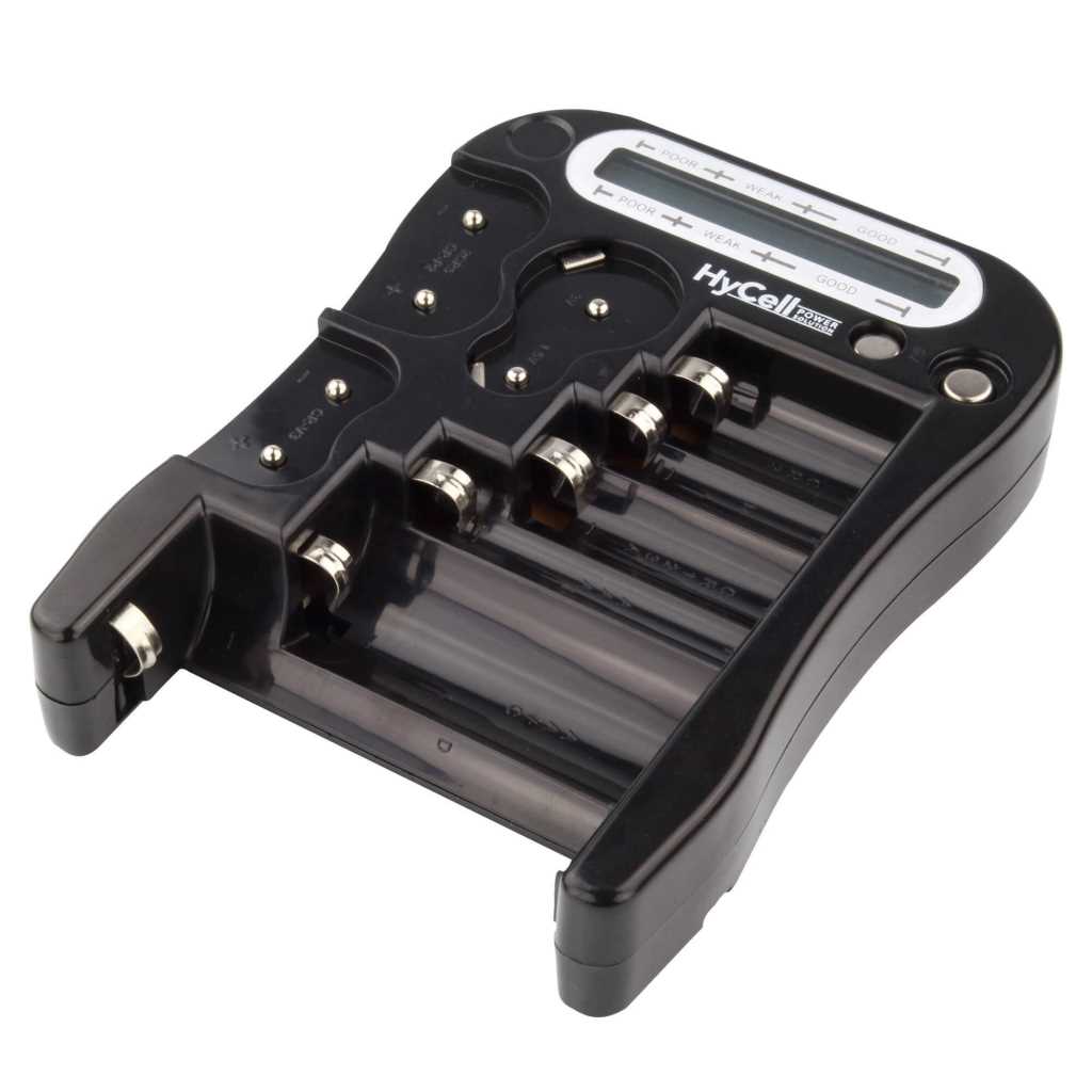 Schwarzes Testgerät mit mehreren Batteriefächern und LCD-Balkenanzeige auf weißem Hintergrund