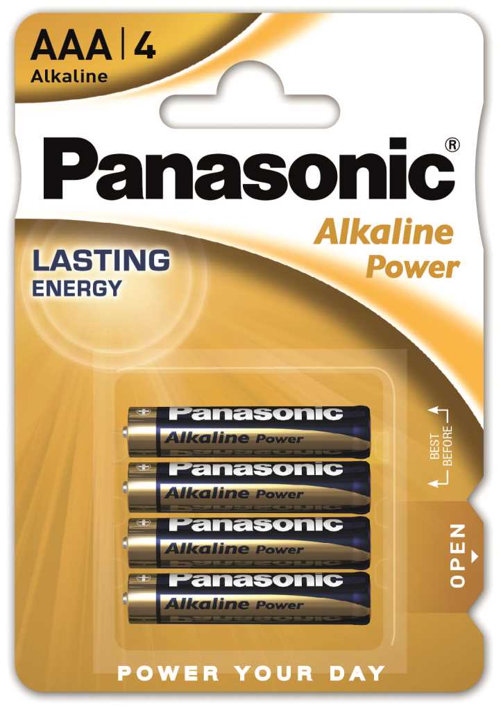 Verpackung mit vier AAA-Batterien in Gold-Blau, Marke Panasonic sichtbar