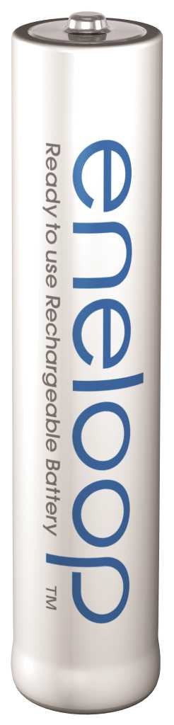 Weißer zylindrischer Akku mit blauem Logo und sichtbarem Pluspol oben