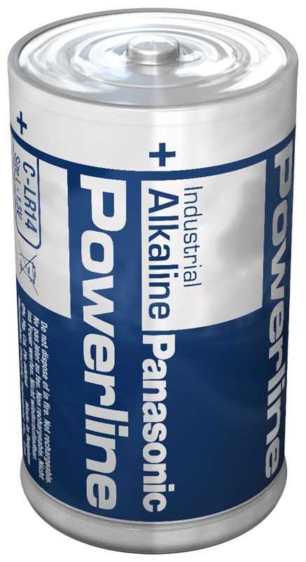 Zylindrische Batterie mit weiß-blauem Etikett und sichtbarem Pluspol oben