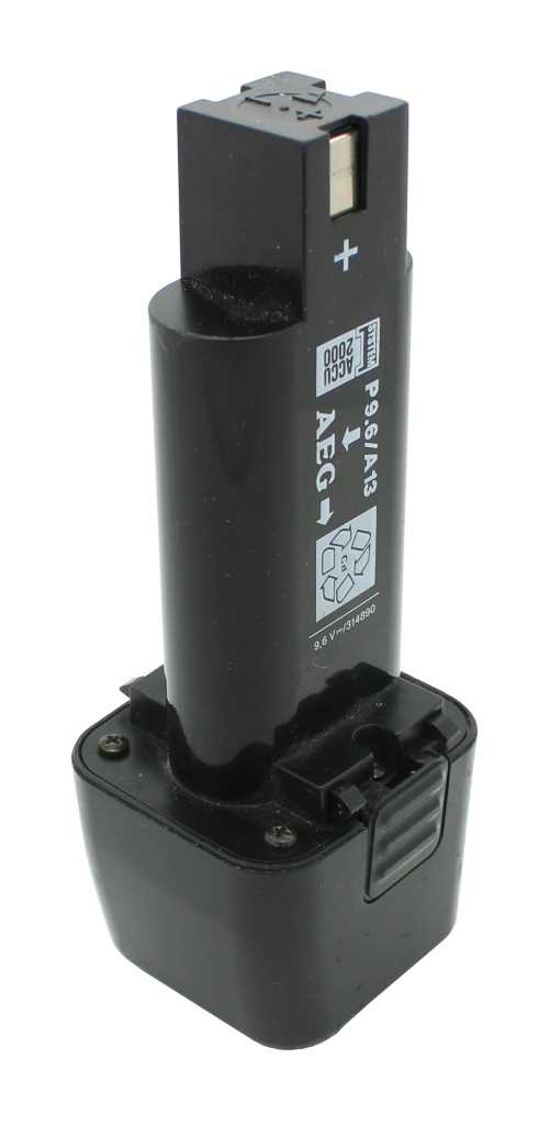 Schwarzer Werkzeugakku mit rechteckigem Steckkontakt oben und breitem Sockel mit seitlicher Entriegelungstaste