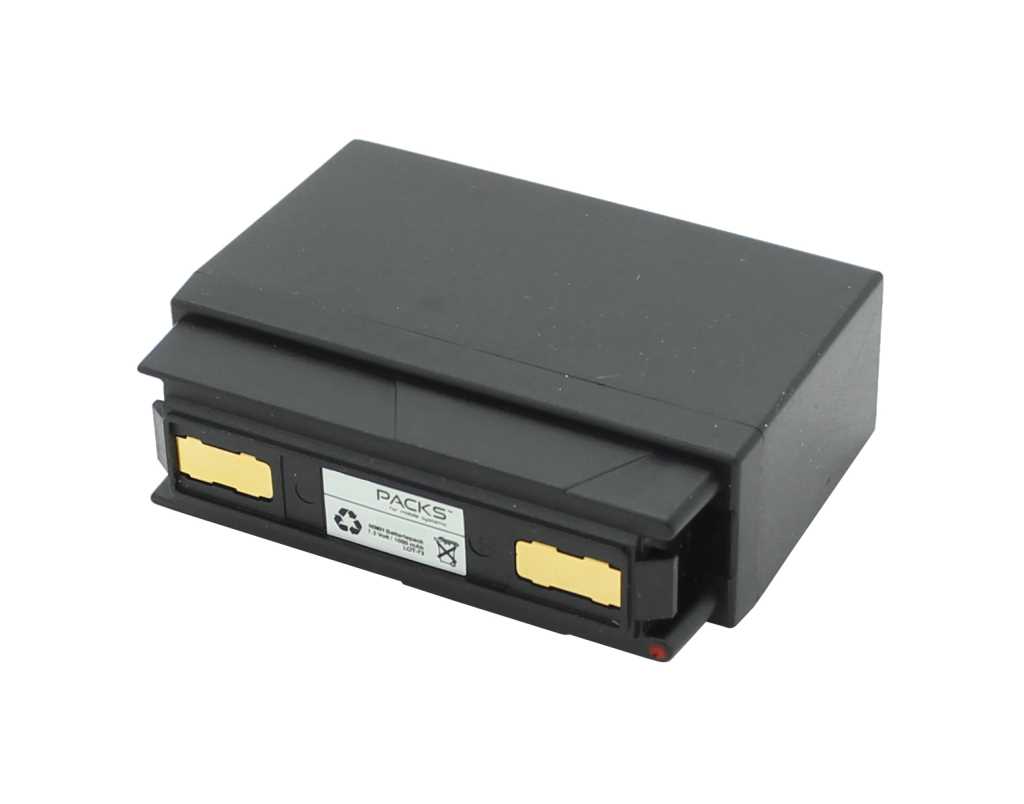 Schwarzer rechteckiger Akkupack mit zwei goldfarbenen Kontaktflächen und Etikett an der Vorderseite