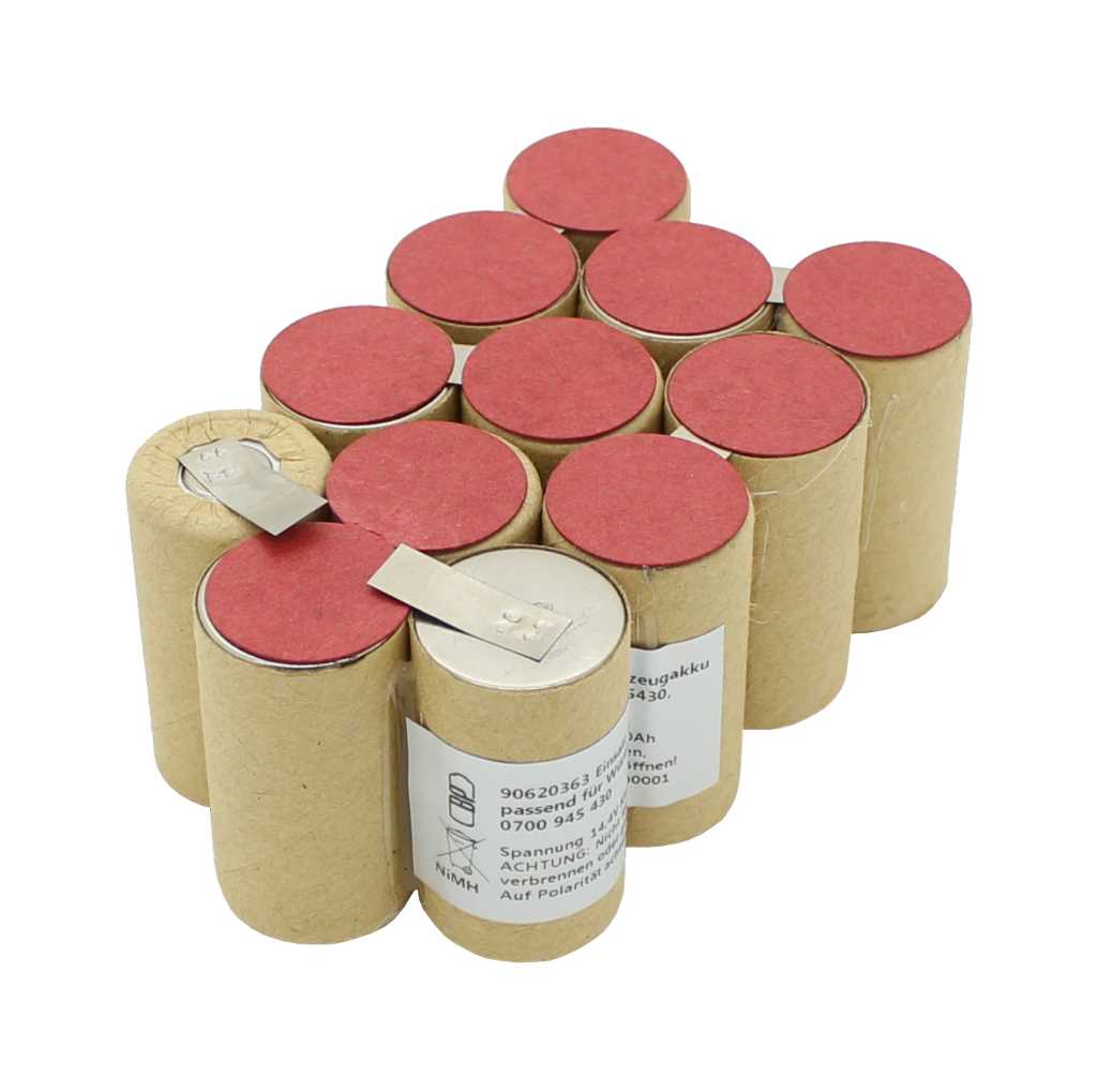 Batteriezellen-Pack aus zehn beigen Zellen mit roten Kappen und zwei Metalllaschen, teils mit Etikett