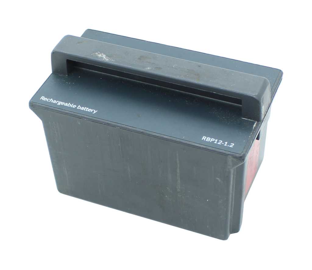Schwarzes Akkupack mit Tragegriff, seitlicher roter Beschriftung und Aufdruck RBP12-1.2 auf der Oberseite