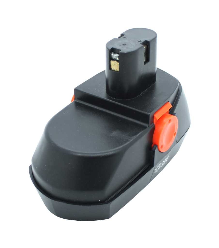 Schwarzer Werkzeugakku mit orangefarbenen Entriegelungstasten und Kontaktblock oben, freigestellt auf weißem Hintergrund