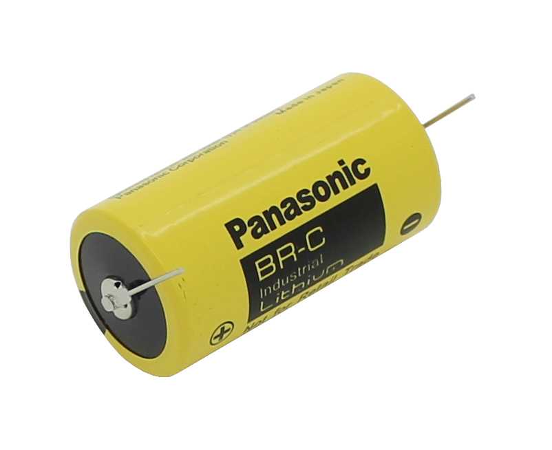 Gelbe zylindrische Batterie mit schwarzer Beschriftung und zwei seitlichen Anschlussstiften auf weißem Hintergrund