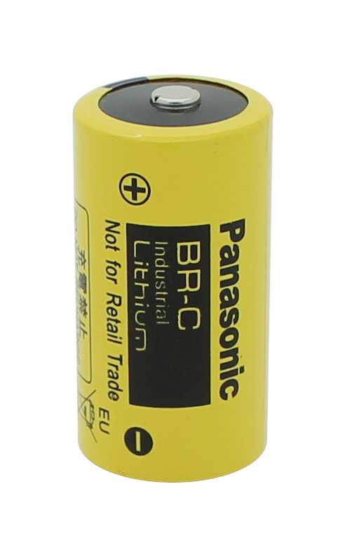 Gelbe zylindrische Batterie mit sichtbarem Pluspol und schwarzem Etikett mit Beschriftung und Polsymbolen