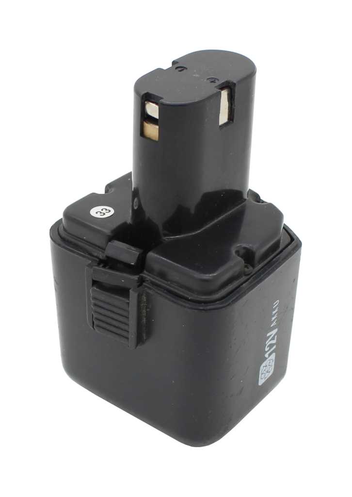 Schwarzer Werkzeugakku mit rechteckigem Gehäuse, Steckaufsatz und Entriegelungslasche, seitlich Aufdruck 12V NiMH