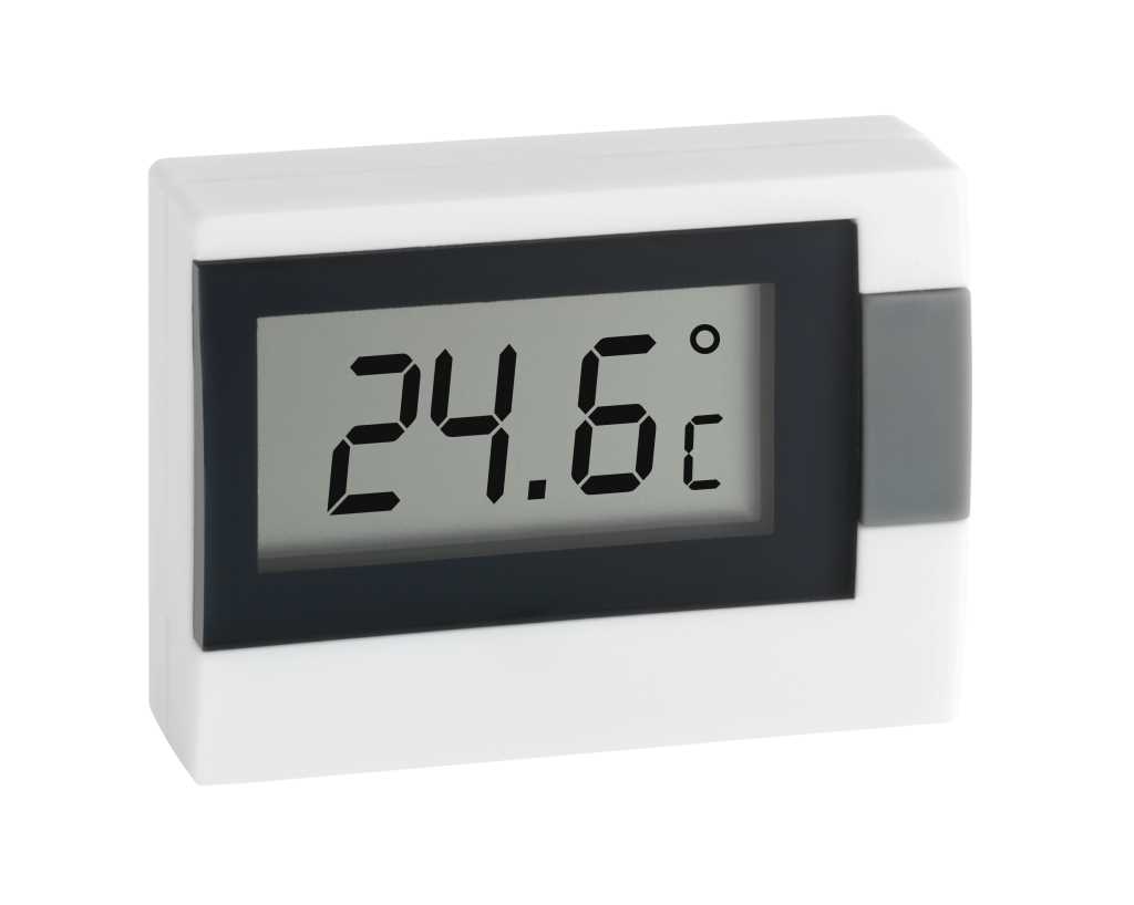 Weißes digitales Thermometer mit Display und grauem Seitenelement, Anzeige 24,6 °C
