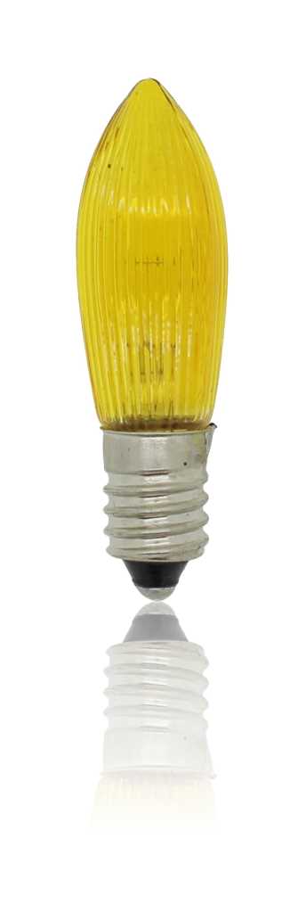 Gelbe geriffelte Kerzenlampe mit Schraubsockel auf weißem Hintergrund mit Spiegelung unten