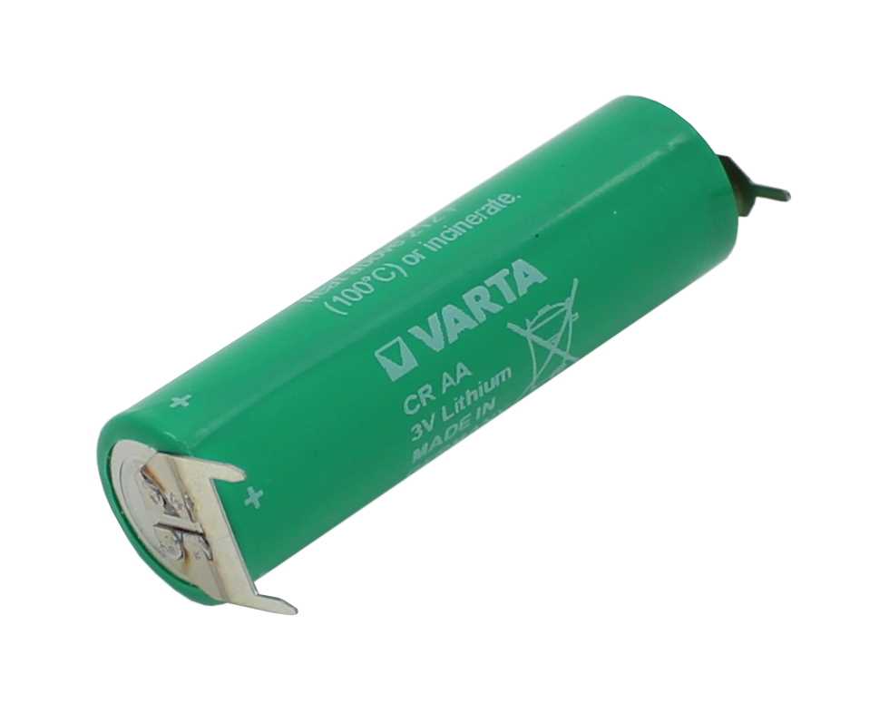 Grüne zylindrische Batterie mit aufgedruckter Beschriftung und Metalllötfahne am Pluspol, Drahtkontakt am Minuspol