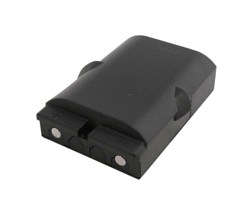 Schwarzer Akku-Pack mit Plus- und Minus-Markierung sowie zwei runden Metallkontakten an der Stirnseite