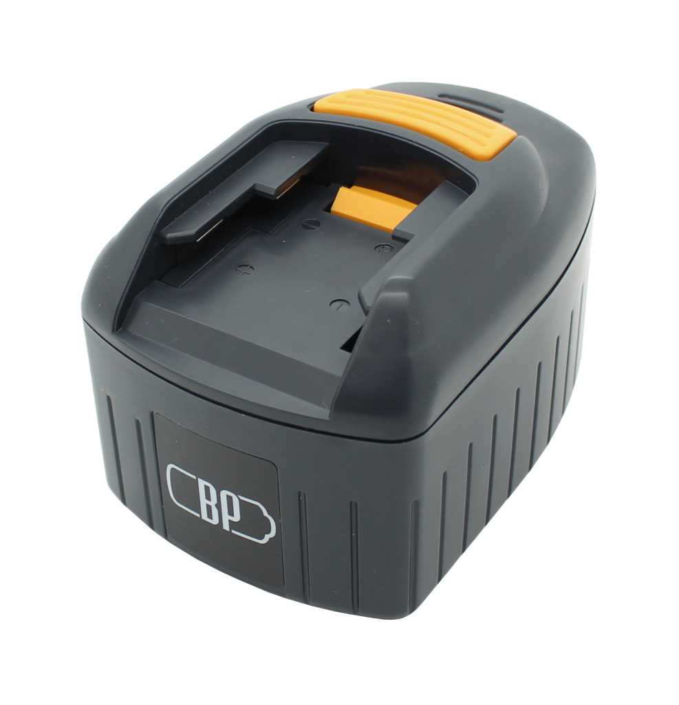 Schwarzer Akku-Pack mit orangefarbenem Entriegelungsknopf und BP-Logo auf der Vorderseite
