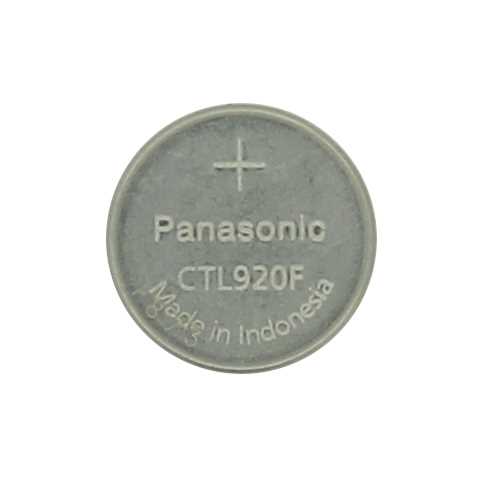 Runde Knopfzelle mit Pluszeichen und Beschriftung Panasonic CTL920F Made in Indonesia