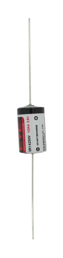 Zylindrische Batterie mit schwarzem Kopf, seitlichem Etikett und langen axialen Drahtanschlüssen oben und unten