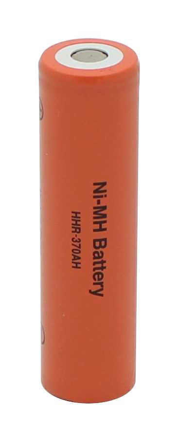Orangefarbene zylindrische Batterie mit flachem Pluspol und schwarzer Beschriftung Ni-MH Battery HHR-370AH