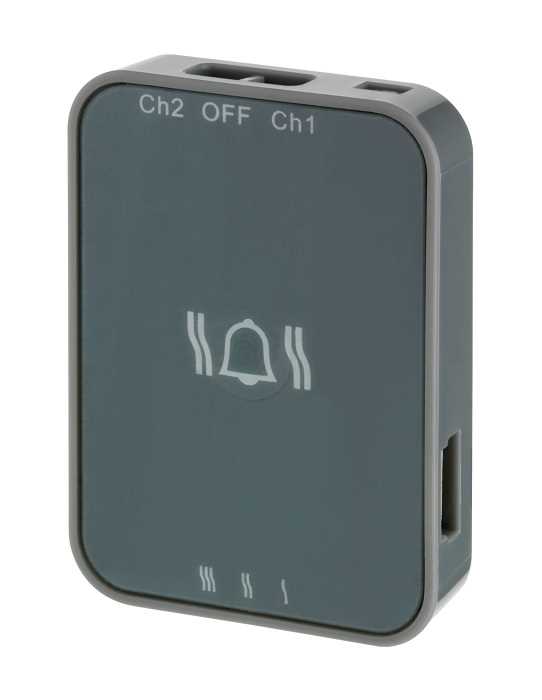 Grau-schwarzes rechteckiges Gerät mit Glockensymbol, seitlicher Öffnung und Schiebeschalter oben mit Ch2 OFF Ch1