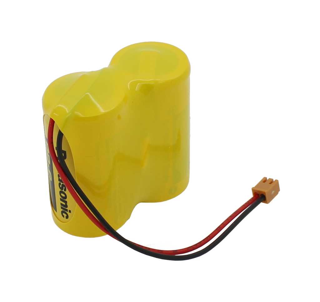 Gelbes Batteriepäckchen mit zwei Zellen, rot-schwarzem Kabel und kleinem Stecker auf weißem Hintergrund