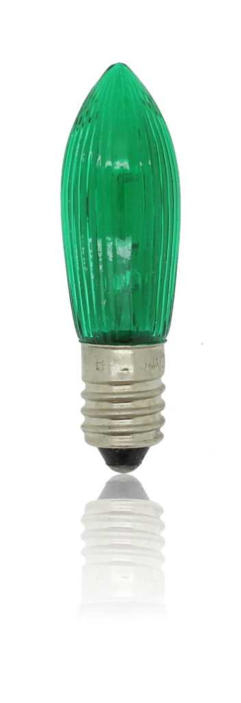 Grüne geriffelte Kerzenlampe mit Schraubsockel, freigestellt auf weißem Hintergrund mit Spiegelung darunter