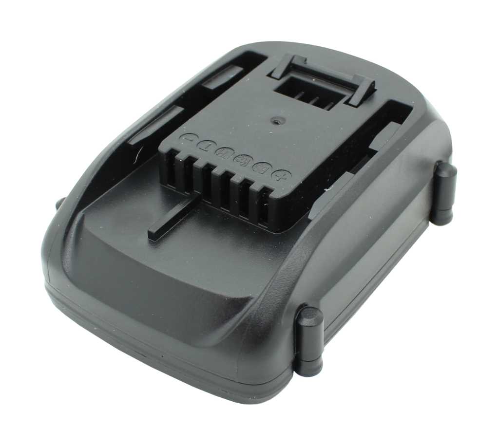 Schwarzer Akku-Pack mit Kontaktleiste und Führungsschienen, Ansicht von oben schräg auf weißem Hintergrund