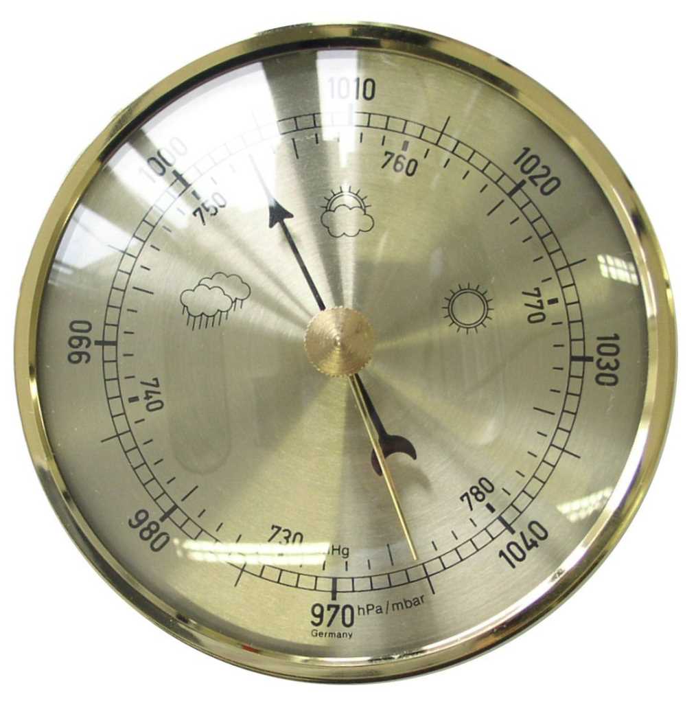 Rundes Barometer mit goldfarbenem Rand, zwei Zeigern und Skala mit Wolken- und Sonnensymbolen