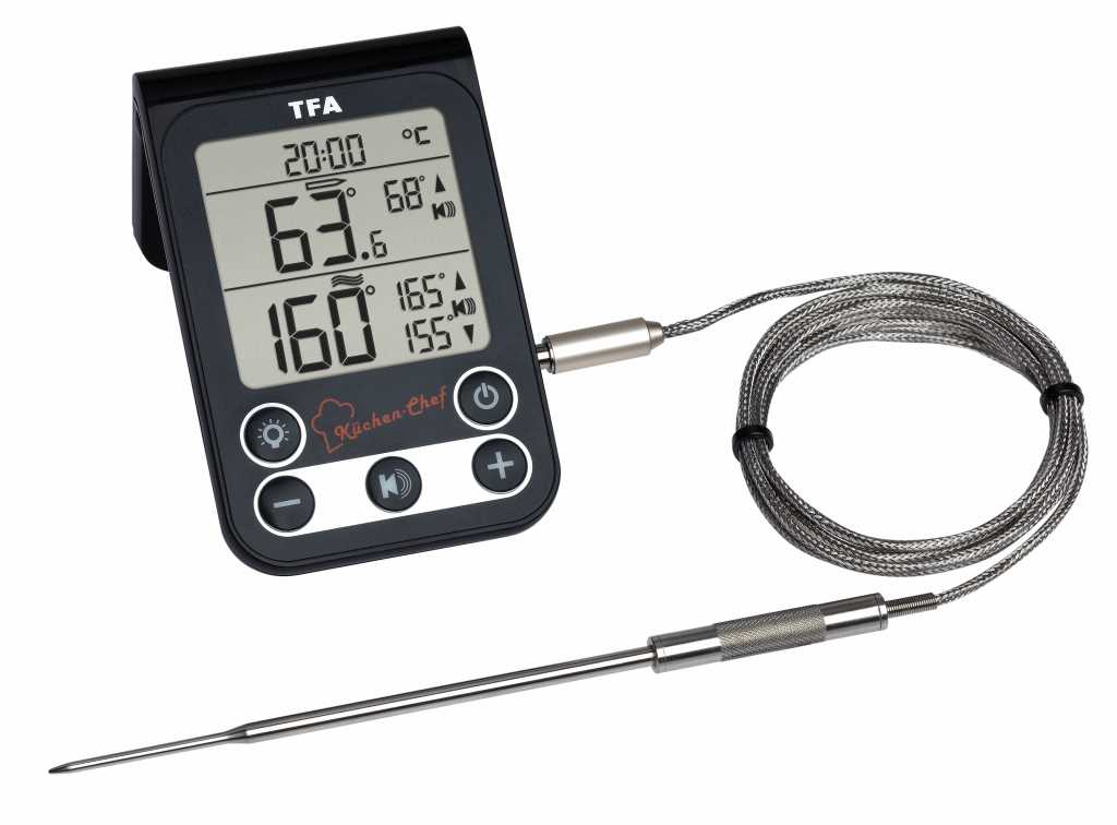 Schwarzes digitales Thermometer mit Display und Tasten, verbunden mit Edelstahlfühler an geflochtenem Kabel