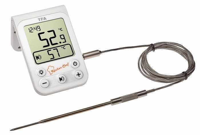 Digitalthermometer mit Display und Tasten, angeschlossenes Edelstahlfühlerkabel mit langer Einstichsonde liegt daneben