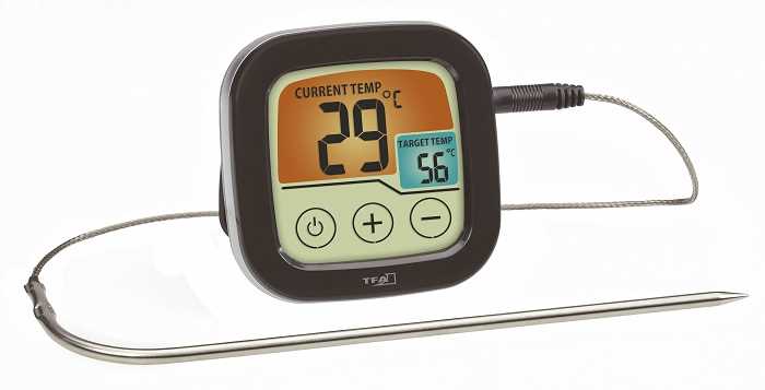 Digitales Thermometer mit Display und drei Tasten, verbunden über Kabel mit Edelstahl-Einstichsonde