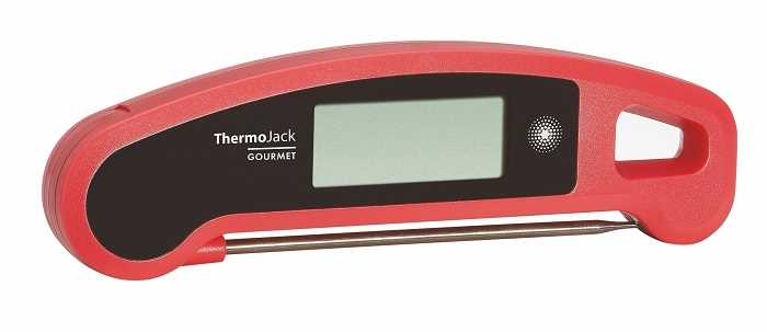 Rotes Klappthermometer mit Display, ausgeklapptem Metallfühler und Grifföffnung rechts auf weißem Hintergrund