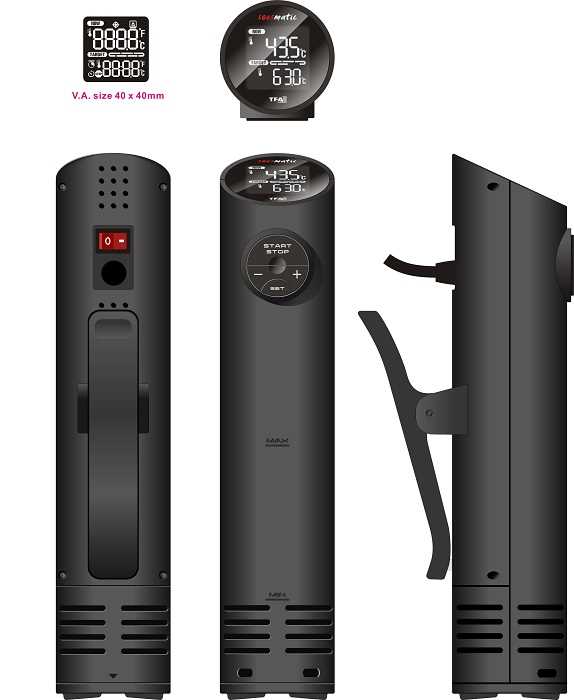 Schwarzes Sous-Vide-Gerät in Front-, Rück- und Seitenansicht mit Display und Halteclip sowie Detail des Displaylayouts