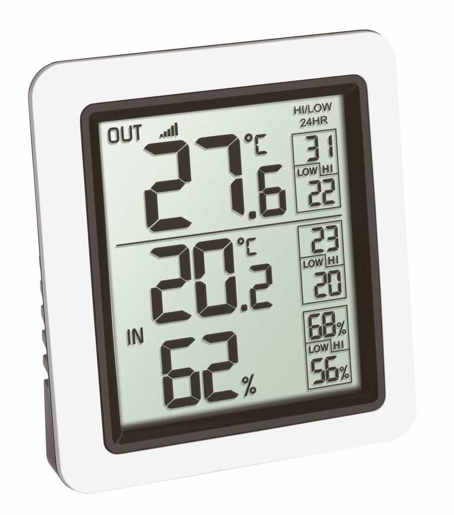 Digitales Thermometer mit Display für Außen- und Innentemperatur sowie Luftfeuchtigkeit in weißem Gehäuse