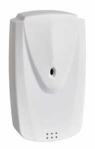 Weißes Kunststoffgerät mit abgerundeter Front, kleiner Öffnung mittig und vier Löchern unten auf der Vorderseite