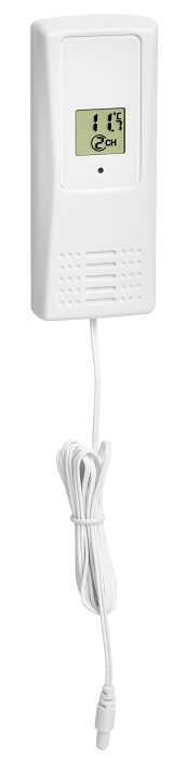 Weißes Temperaturmessgerät mit kleinem Display und langem Kabel mit Stecker unten