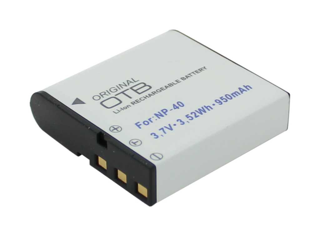 Silberner Kameraakku mit schwarzer Stirnseite und drei goldfarbenen Kontakten, mit blauem und schwarzem Aufdruck