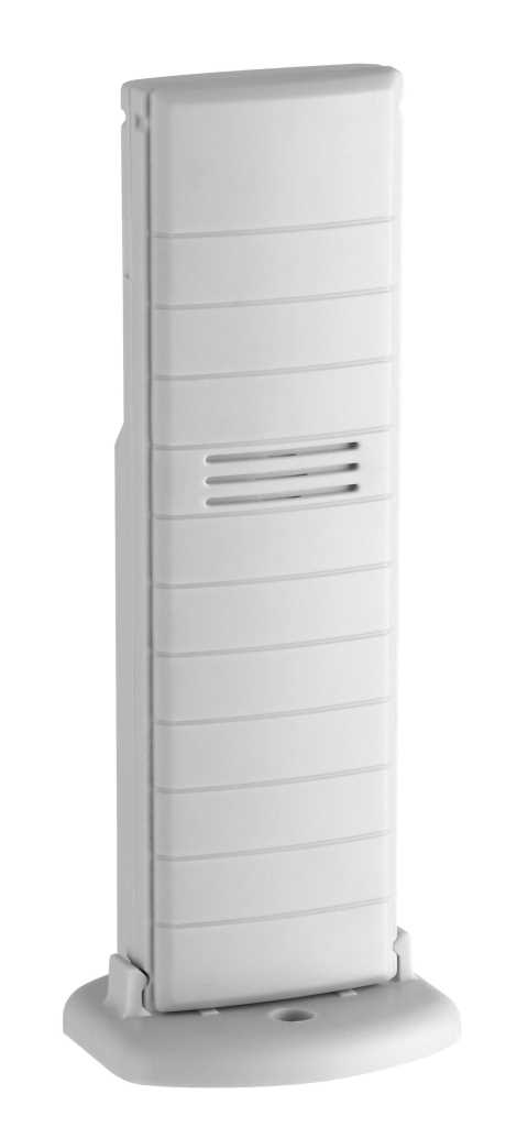 Weißes rechteckiges Kunststoffgehäuse mit horizontalen Rillen und drei Schlitzen, auf grauem Standfuß montiert