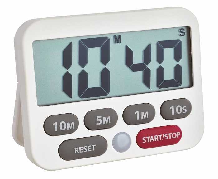 Weißer digitaler Timer mit großem Display und Tasten für Minuten, Sekunden, Reset sowie Start/Stop in Rot