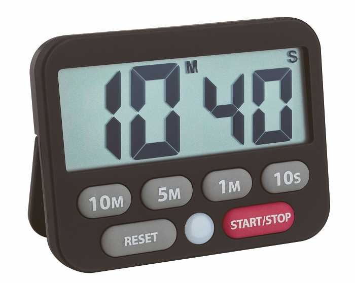 Schwarzer Digitaltimer mit Display 10:40 und Tasten 10M, 5M, 1M, 10S, Reset und Start/Stop auf Ständer