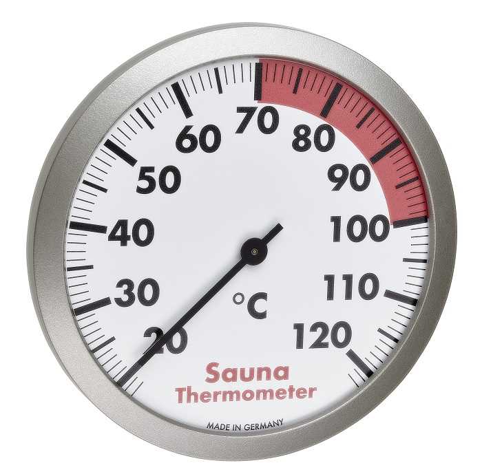 Rundes analoges Thermometer mit silbernem Rahmen, Skala 20–120 °C und rotem Markierungsbereich oben rechts