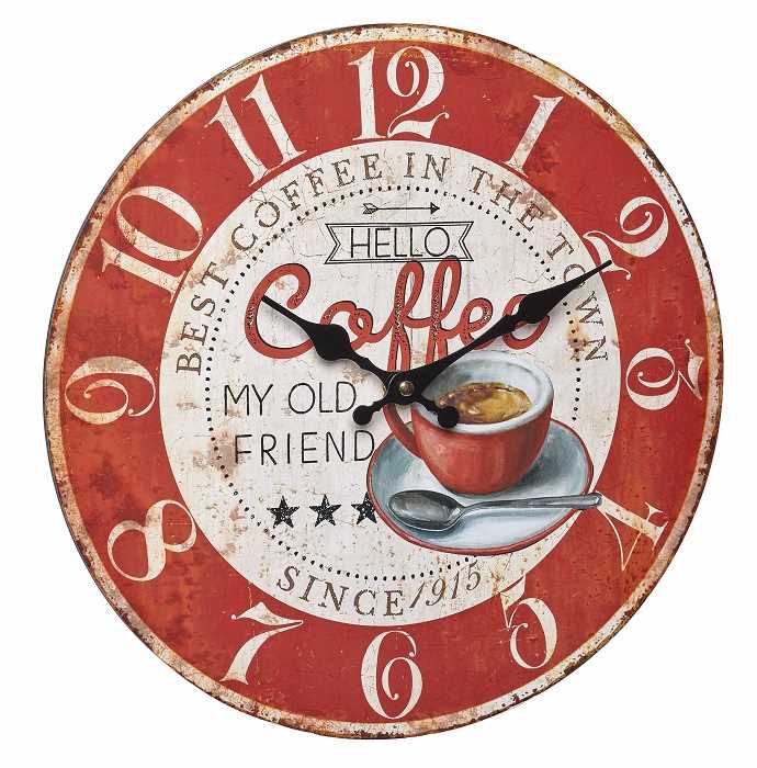 Runde Wanduhr in Rot-Weiß mit Ziffern, Kaffeetasse und Löffel als Motiv sowie schwarzen Zeigern auf weißem Grund