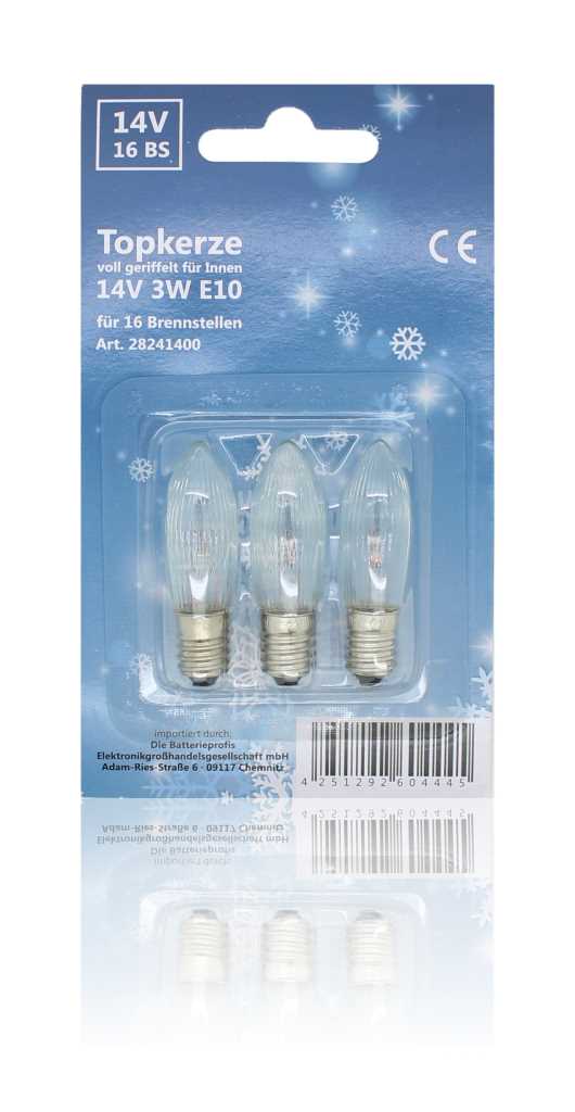 Blisterverpackung mit drei geriffelten Kerzenlampen mit Schraubsockel vor blauem Hintergrund mit Schneeflockenmotiven